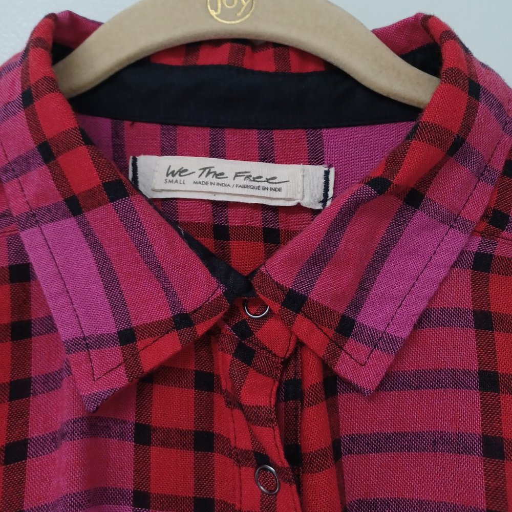 SOLD!--We The Free Pacific Dawn Pink Red Plaid Ruched Sleeve Shirt, Wool/ Small - Picture 5 of 9